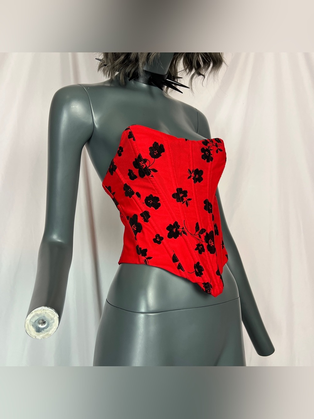 Red & Black Velvet Floral Pointed Corset